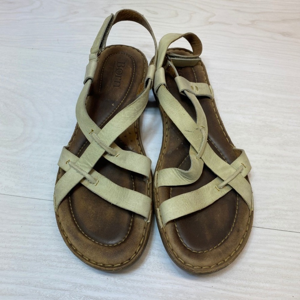 Born Womens 11 Beige Leather Strappy Slingback Sandals Flat Comfort D27411 Boho‎
